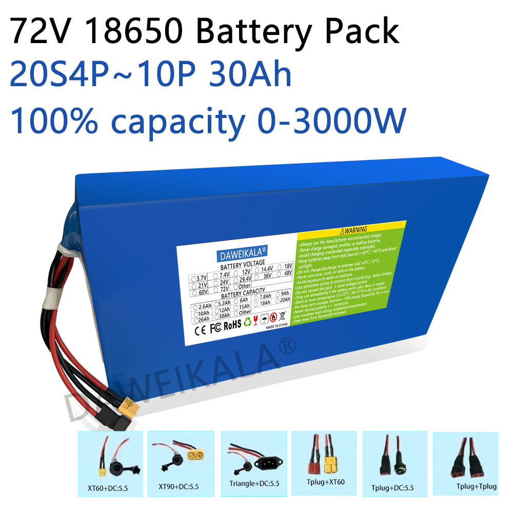 72V 5000W Electric Motorcycle - 新しい72V 12Ah-30Ah 18650バッテリーパック 50A BMS 100%実容量